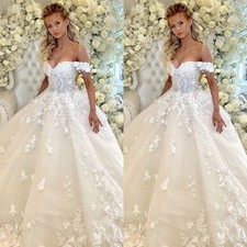 Gorgeous Wedding Dresses Off Shoulder Flower Appliques Sweep Train Bridal Gowns