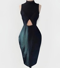 Women's Little Black Dress Curve Cutout Midi Bodycon Sleeveless Outfit Sz Medium