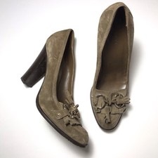 Gucci Y2K Vintage Taupe Suede Horsebit Fringe Tassel Block Heel Loafer Pumps 8.5