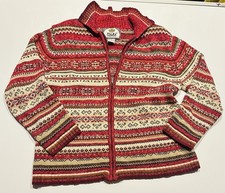Vtg Tiara Int. Women Fair Isle Full Zip Cardigan Sweater Red Ramie Cotton Size S