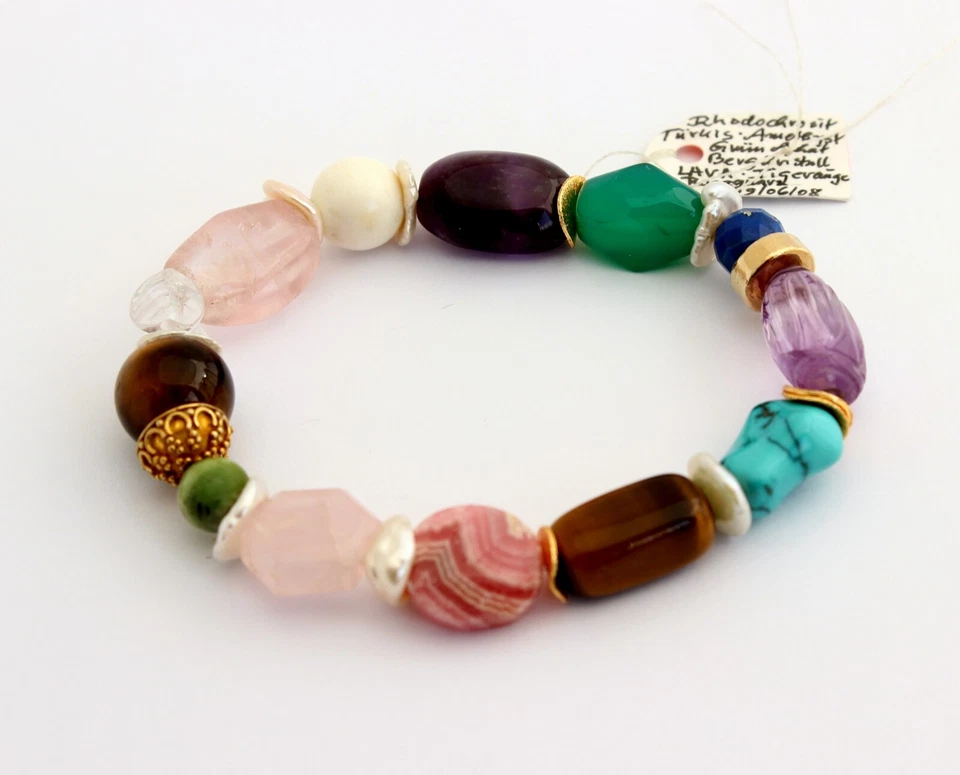 Wunderschöne Feine Edelstein Armband mit vergoldet 925 Silber auf Gummiband Bunt - Bild 3 von 3