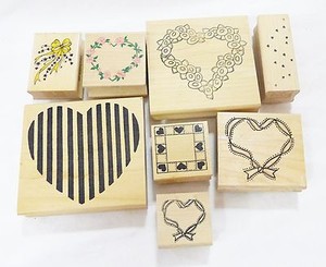 Rubber-stamp-wood-mounted-hearts-design-art-and-craft-lot-of-8