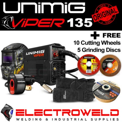 UNIMIG Viper 135 MIG TIG Welder Bundle Helmet Gloves Wire Discs PK11081 U11005K - Bild 1 von 4