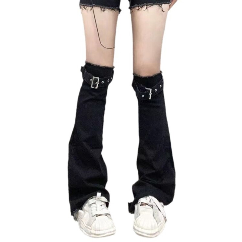 Eyelet Strap Black Leg Warmer Frayed Jeans Leg Cover Over Knee Long