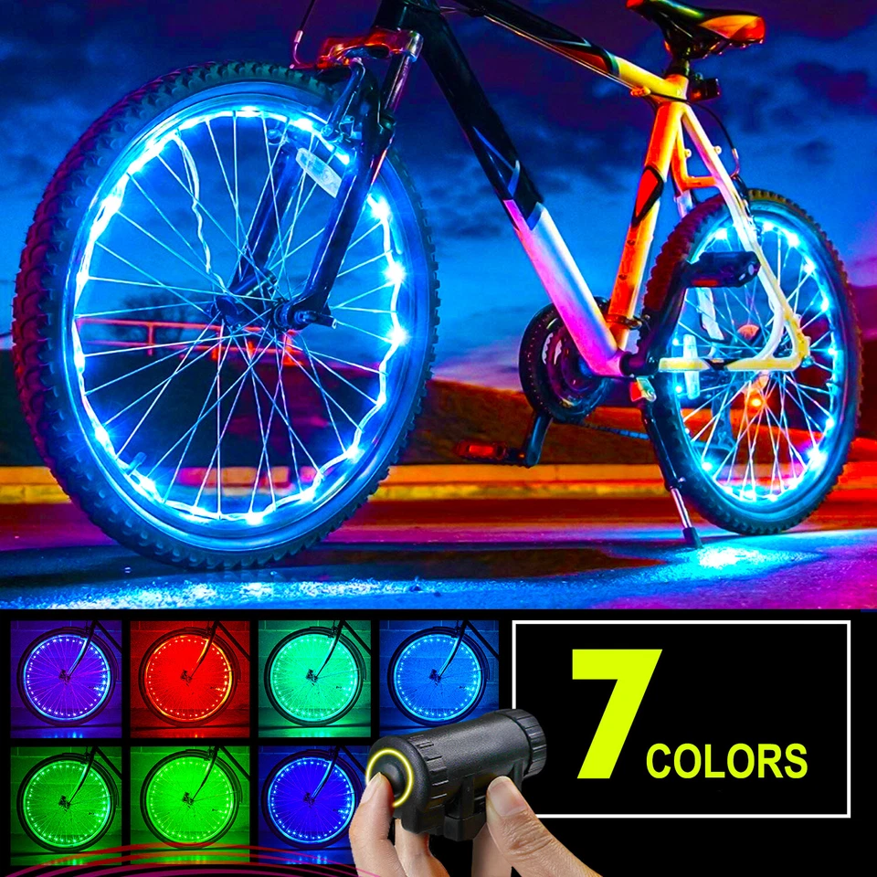 NUEVAS luces de rueda de bicicleta 7 COLORES en 1 cadena LED se adapta a cualquier neumático de llanta de radios Foto 3 de 4