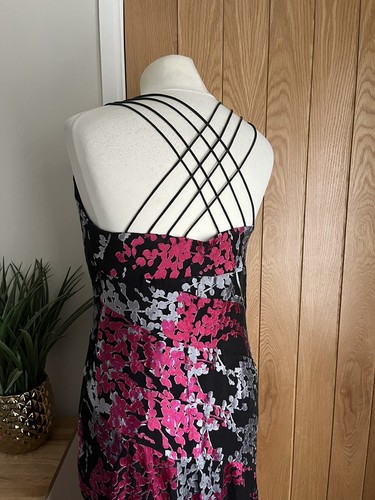Monsoon Y2K Vintage Dress 14 Black Pink Bias Cut Maxi Silk Scoop Neck - Picture 7 of 10
