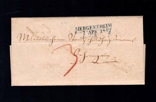 Württ. 1845 - Blue L2 "Mergentheim", Inside "Oehringen" Clear (a789)