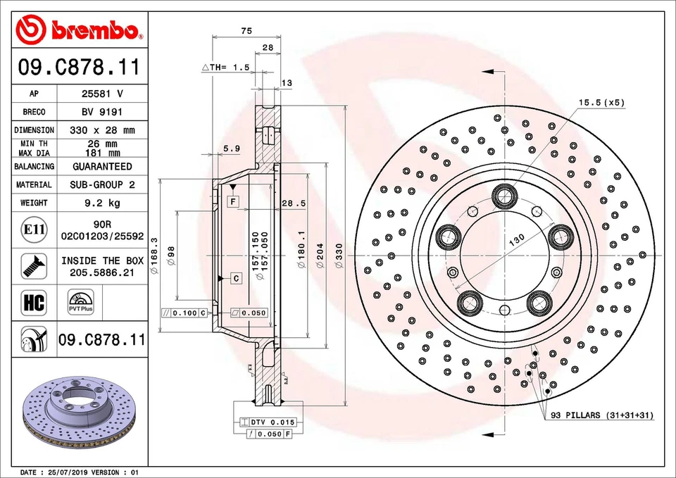 Rotor de freno de disco trasero Brembo 09.C878.11 330 mm para Porsche 911 2001-2019 Foto 3 de 4