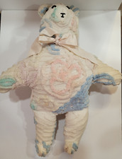 20" Chenille Teddy Bear w/ Bow Handmade From a Vintage Bedspread Colorful Unique