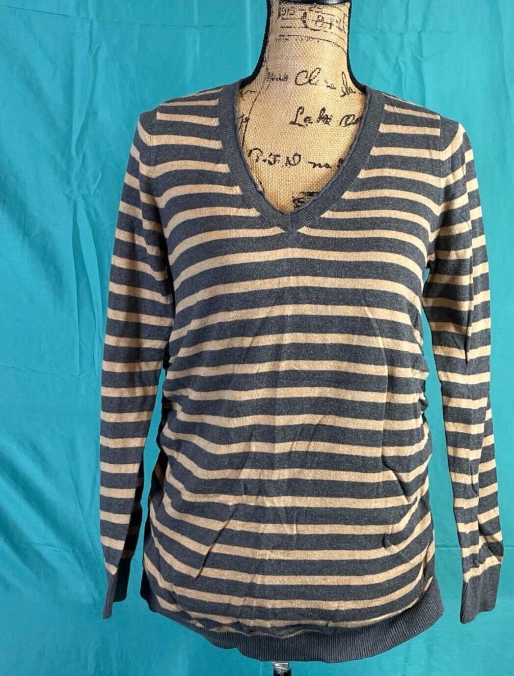 Motherhood Womens Sweater Gray Medium Knit Striped V Neck Long Sleeve Pullover