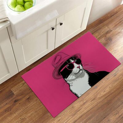 Cool Cat Indoor Door Mat Welcome Trendy Kitten in Hat Door Mats Inside for Fr...