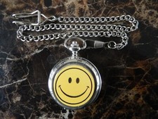 SMILEY FACE CHROME POCKET WATCH WITH CHAIN NEW 