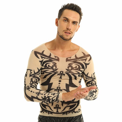 Mens Long Sleeve Mesh See Through T-shirt Fake Tattoo Blouse Shirt Party Fancy - Picture 46 of 56
