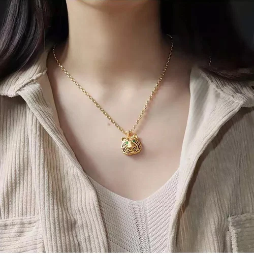 18K Solid Gold Agate Inlay Pendant Tiger Head Zodiac Charm Jewelry - Picture 7 of 9
