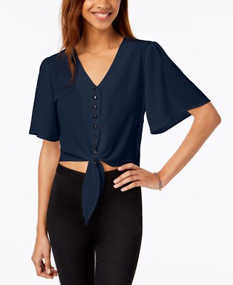 Gypsies & Moondust Juniors' Buttoned Tie-Front Camp Shirt Navy Size XS Blouse