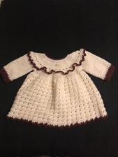 Handmade Crocheted Baby Girl Dress In Cream And Burgundy.1-2 Years