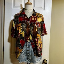 Gardenia Rosa Vtg 90s Rayon Bold Abstract Print S/S Retro Casual Blouse L