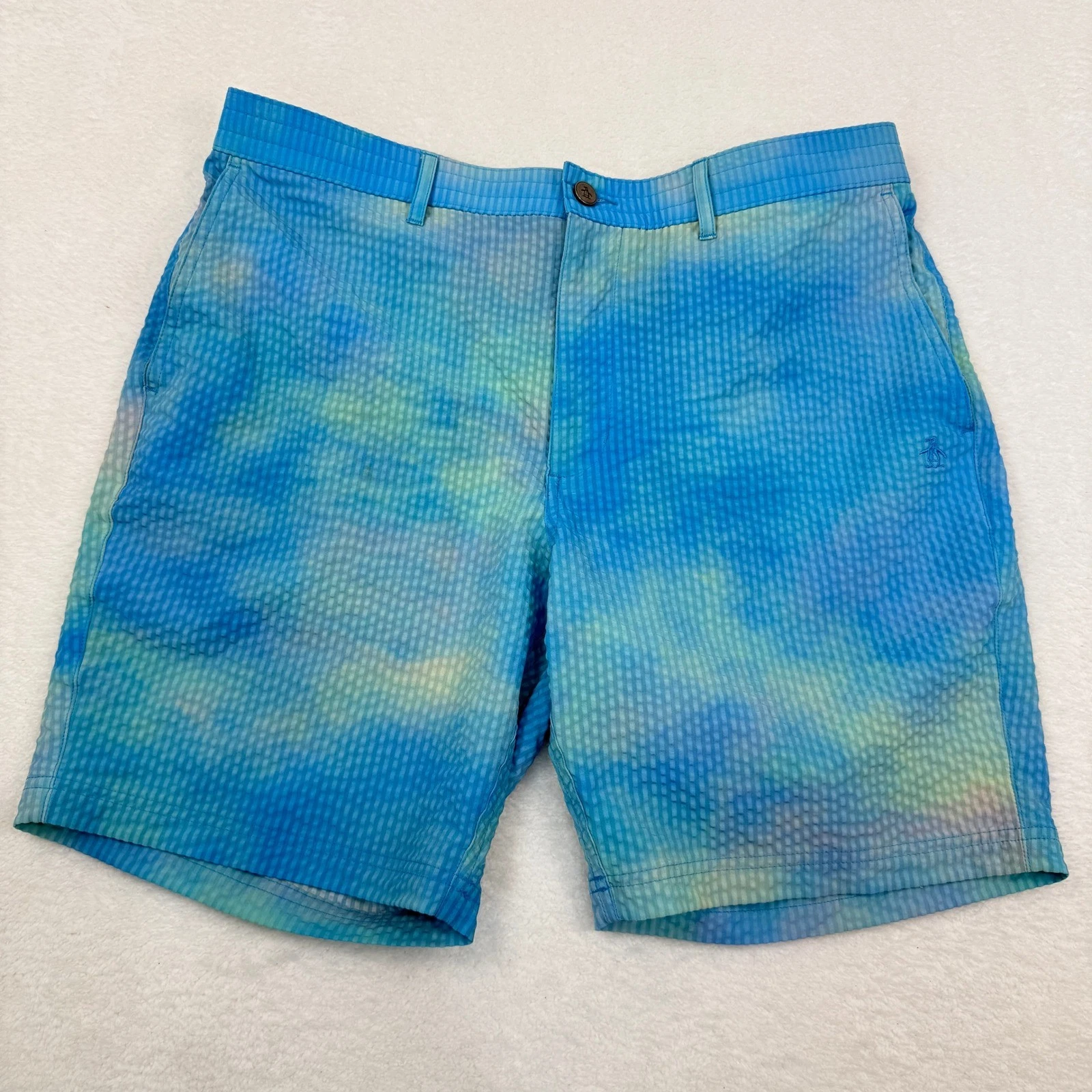 Original Penguin Seersucker Shorts Mens 34 Blue Green Tie Dye Beach Summer