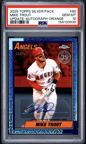 MIKE TROUT 2025 Topps Update 1990 Silver Pack Orange Refractor Auto /25 PSA 10