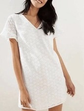 LOFT Women's White Eyelet Cotton Shift Dress Ruffle Sleeve V-Neck Size 8