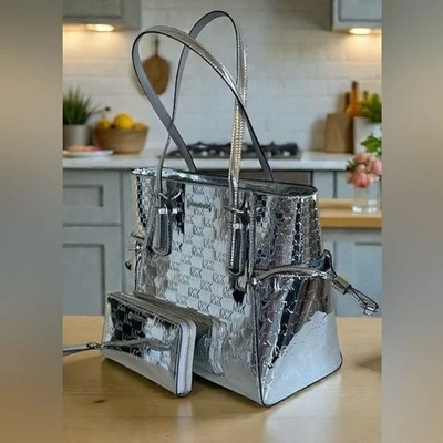 Michael Kors Voyager Large Metallic Logo Debossed Tote Shoulder MK+Wallet Silver