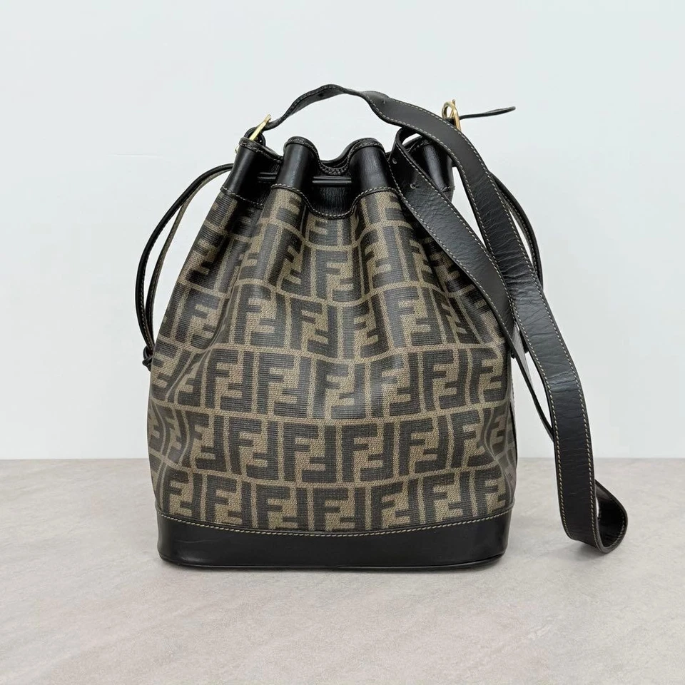 FENDI Zucca Pattern Drawstring Shoulder Bag Black PVC Authentic - Image 2 of 4