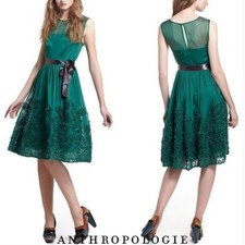TINY Anthropologie Caridad Kelly Green Dress Embellished 100% Silk 50s Mesh
