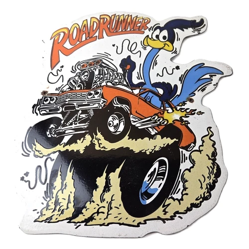 Vintage Rat Fink Porcelain Sign - Plymouth Road Runner Hot Rod Gas Pump Sign