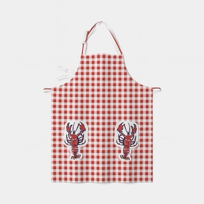 Cute Red Checkered Pattern Kitchen Apron with Two Lobsters 100% Cotton