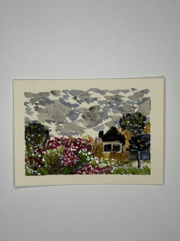 ACEO Original Watercolor 2.5" x 3.5" Cottage With Garden @spiritridgeart
