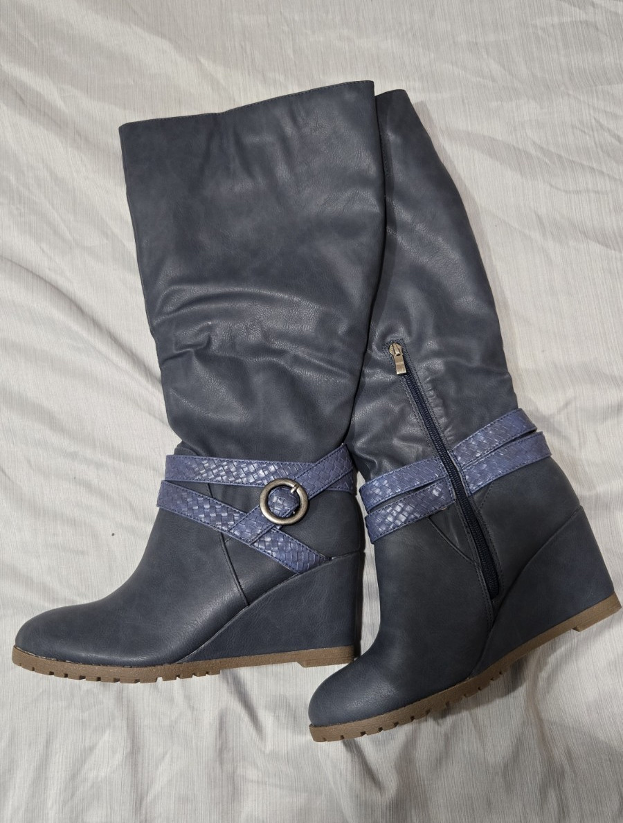 Blue Women's Knee High Wedge Zip Boots Buckle Accent Wide Calf Round Toe