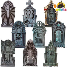 JOYIN 16" 9 Pcs Halloween Tombstones Decorations Outdoor Graveyard Stone Gray