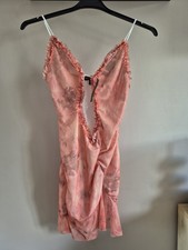 PrettyLittleThing Pink Mesh Frill Cut Out Ruched Mini Dress holiday beach UK 8