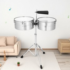 13" 14" Beginner Latin Timbales Drum Set - Stand Cowbell Sticks Silver