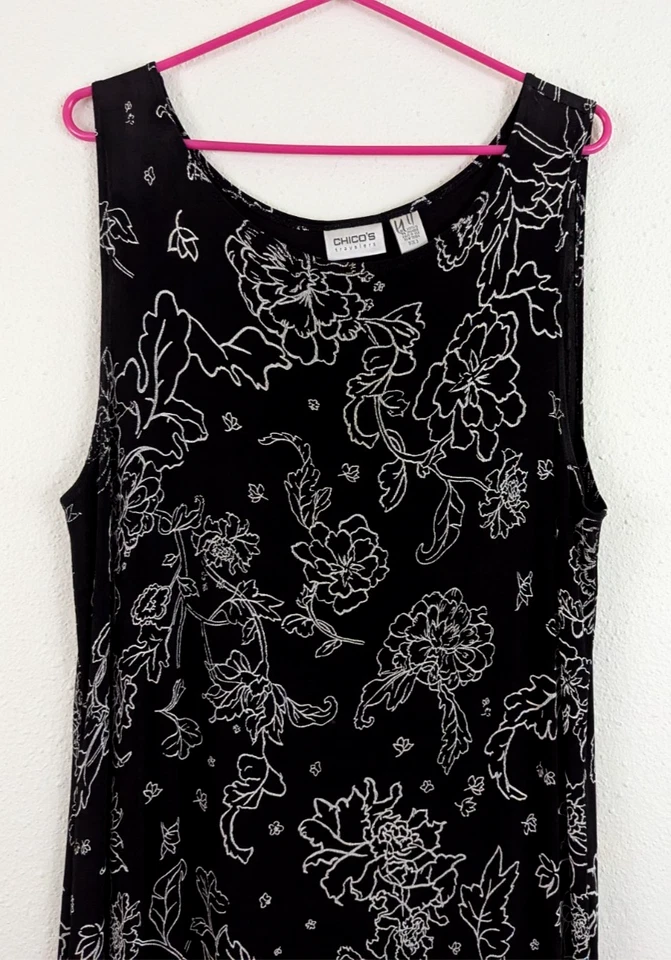 Chico's путешественников sz 3 длиной макси платье черный белый цветочный slinky без рукавов 0370 - Изображение 2 из 4