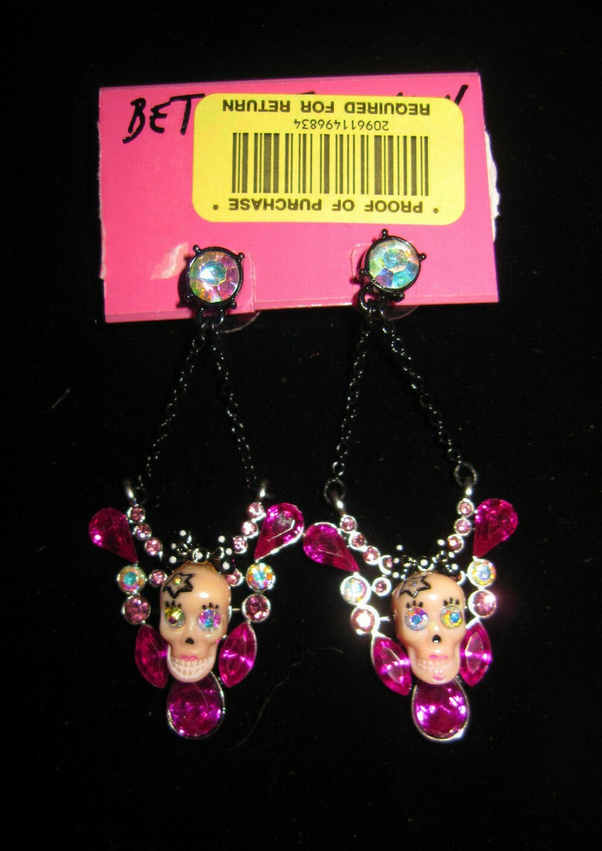 Goth Earrings Betsey Johnson Sugar Skull Rose Rhinestone  Rare Vintage Betsey Johnson Film Noir Rhinestone Studded Skull Earrings main image 2