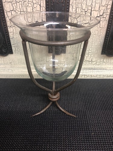 9” metal based Glass candle holder, barbed feet, Bell Shaped Glass industrial