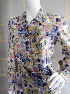 Robe Vintage Fait Main T.2 ou 3 Tissu voile très original Jupe à Plis - Photo 1/4