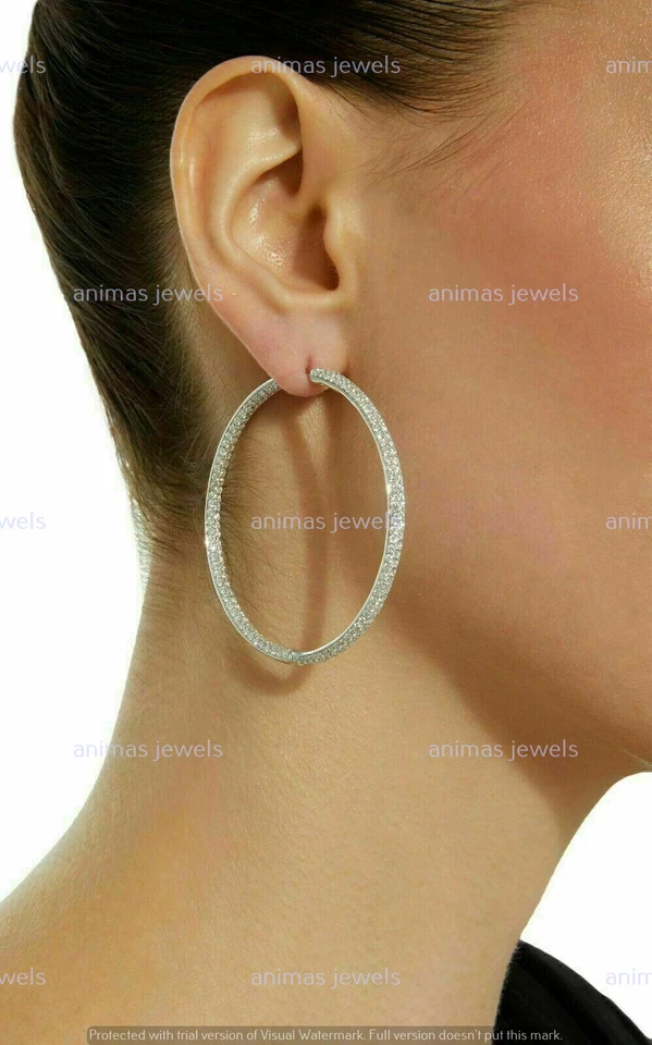 3CT Round Cut Lab Created Diamond Women's Hoop Earrings Real 925 Sterling Silver - Image 3 of 4