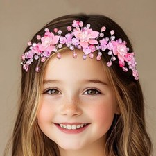 Flower Girl Headpiece Pink Crystal Headband Pearl Floral Wedding Hair Accesso...