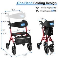 Foldable Rollator Walker with Seat for Seniors Adults Rolling Walker Max 300 lbs