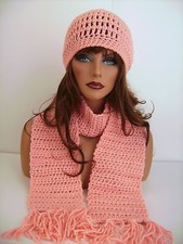 ROSE PINK HAND CROCHET HAT SCARF SET HAND MADE HIPPIE BEANIE BOHO TAM SKI CAP