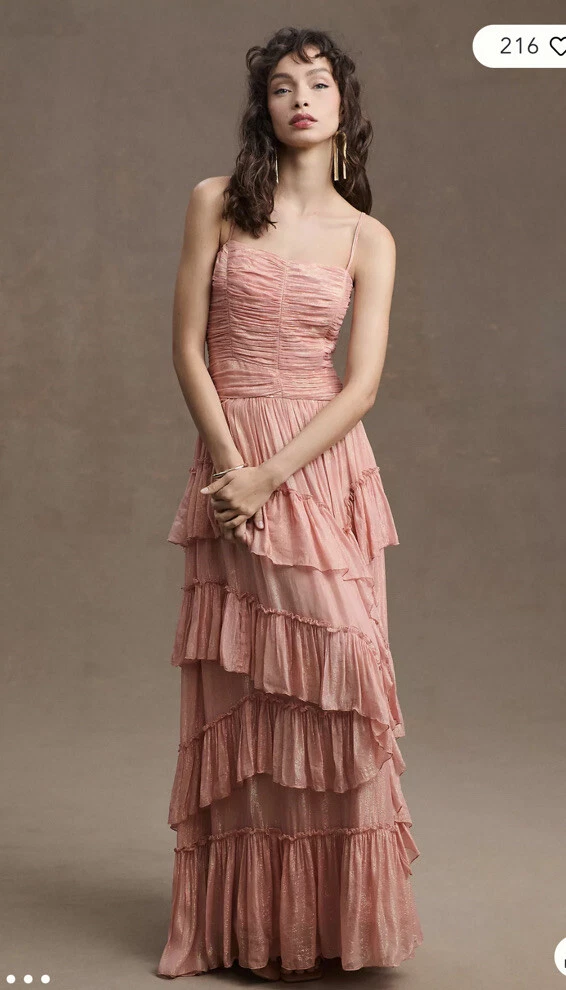 Anthropologie x BHLDN Jessa Asymmetrical Ruffled Metallic Drop Waist Gown 8