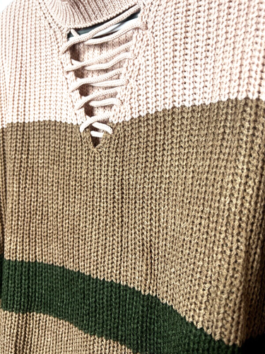 MAGLIONE DONNA 2X boho a righe marrone stringato scollo a V pullover tunica nuovo senza etichette - Foto 3 di 9