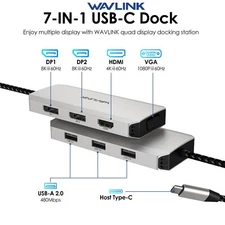 USB C Laptop Docking Station 7-IN-1 Adapter with 4K HDMI, 8K DP1/2,VGA,3xUSB2.0