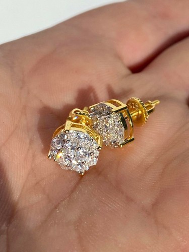 Real Solid 925 Silver Hip Hop Men's Earrings Round Studs 14k Gold Plated Iced CZ - Picture 3 of 12