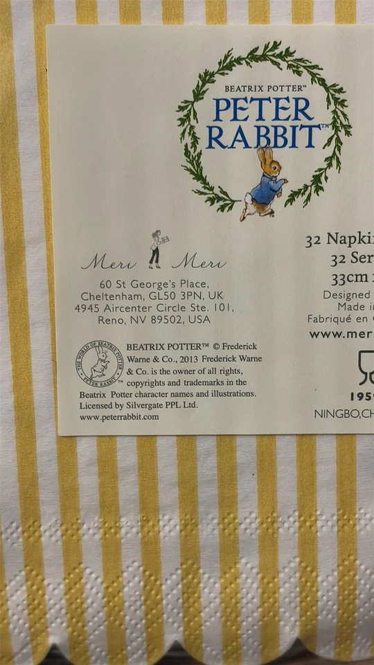 NEW MERI MERI PETER RABBIT HOP LITTLE RABBIT HOP HOP HOP 13 X 13 NAPKINS - Image 4 of 4