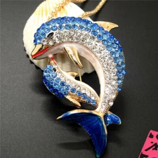New Blue Rhinestone Bling Dolphin Mother Animal Holiday gifts Chain Necklace