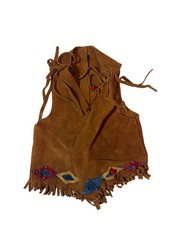 Vintage Western Suede Fringe Vest Kids Brown Leather Beaded Boho Cowboy