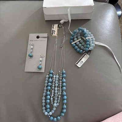 New York & Company Blue Beaded 18” Necklace, Bracelet, Earrings Set